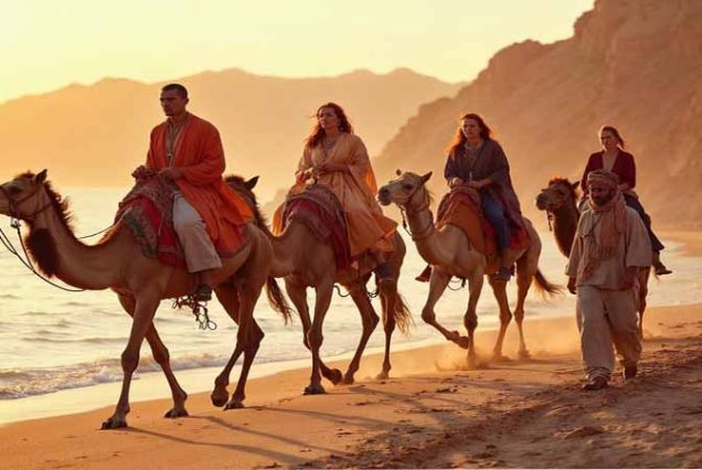 "Camel ride along the coastline of Dahab with Red Sea views and Sinai mountains"