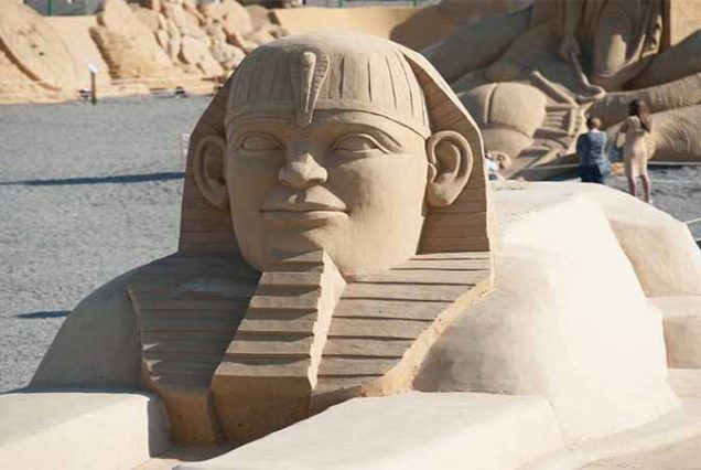 Close-up of detailed sand carvings at Sand City Museum Hurghada
